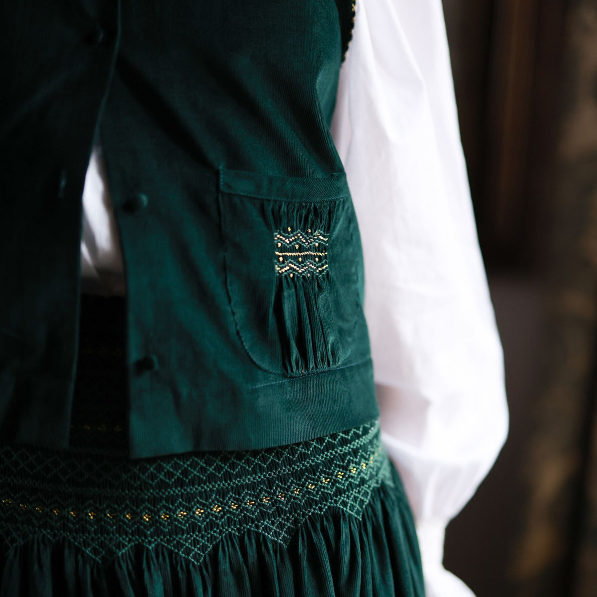 C J Walker Waistcoat Pine Tree Needlecord with Nordic Sparkle Hand Smocking Edition 8