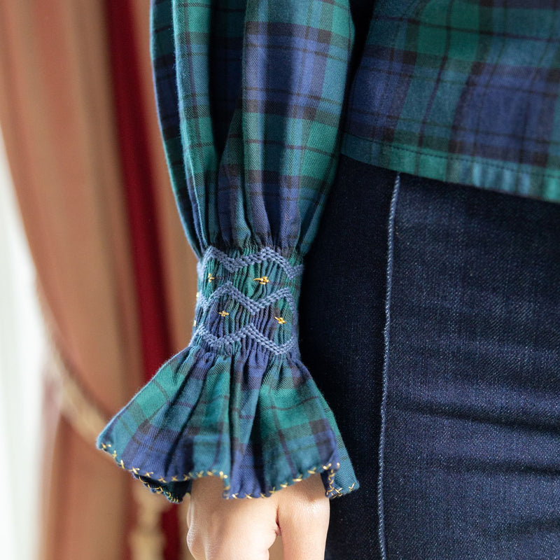 Shelley Blouse Black Watch Tartan with Royal Navy Hand Smocking Edition 14