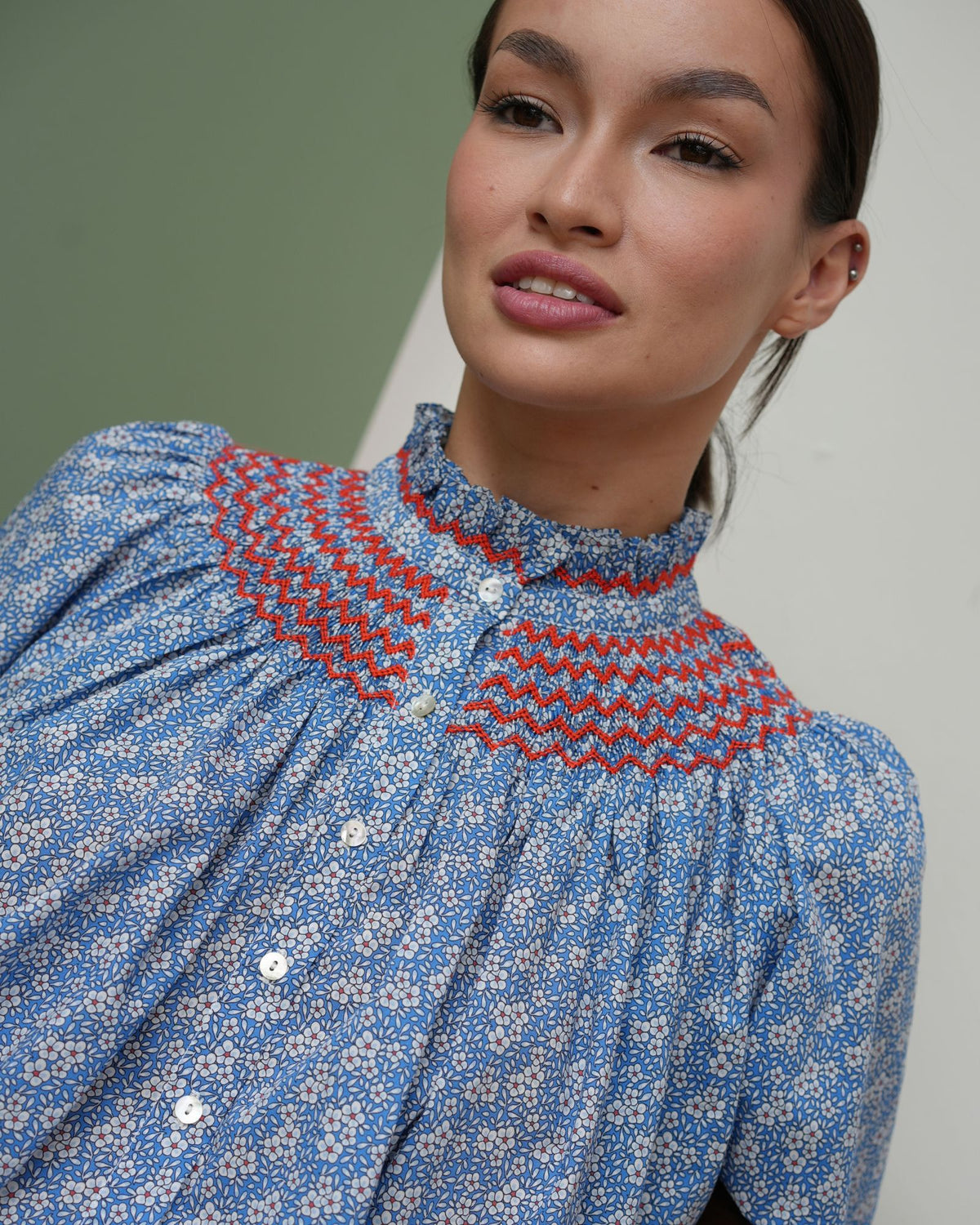 Scholl Blouse Royal Blue Daisy Cotton Lawn with Poppy Hand Smocking Edition 77