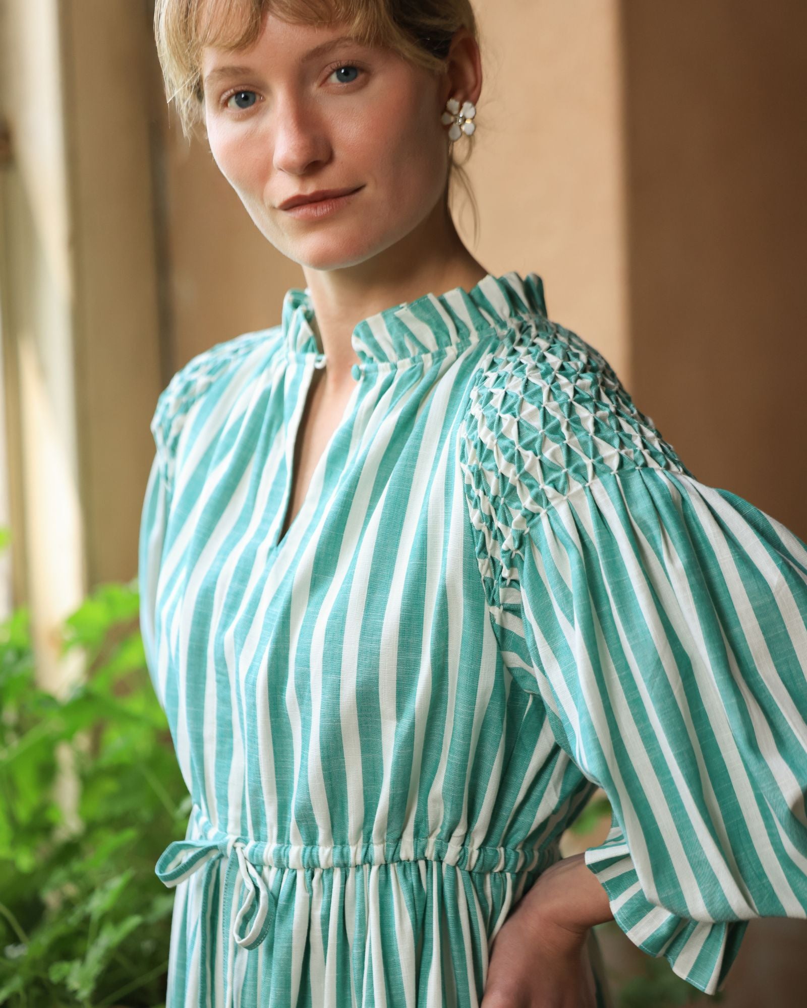 Aloha Wanderwell Dress Wimbledon Stripe with White Honeycomb Hand Smocking