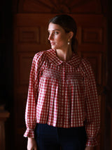 Marie Curie Blouse Cranberry Check with Snow Berry Hand Smocking