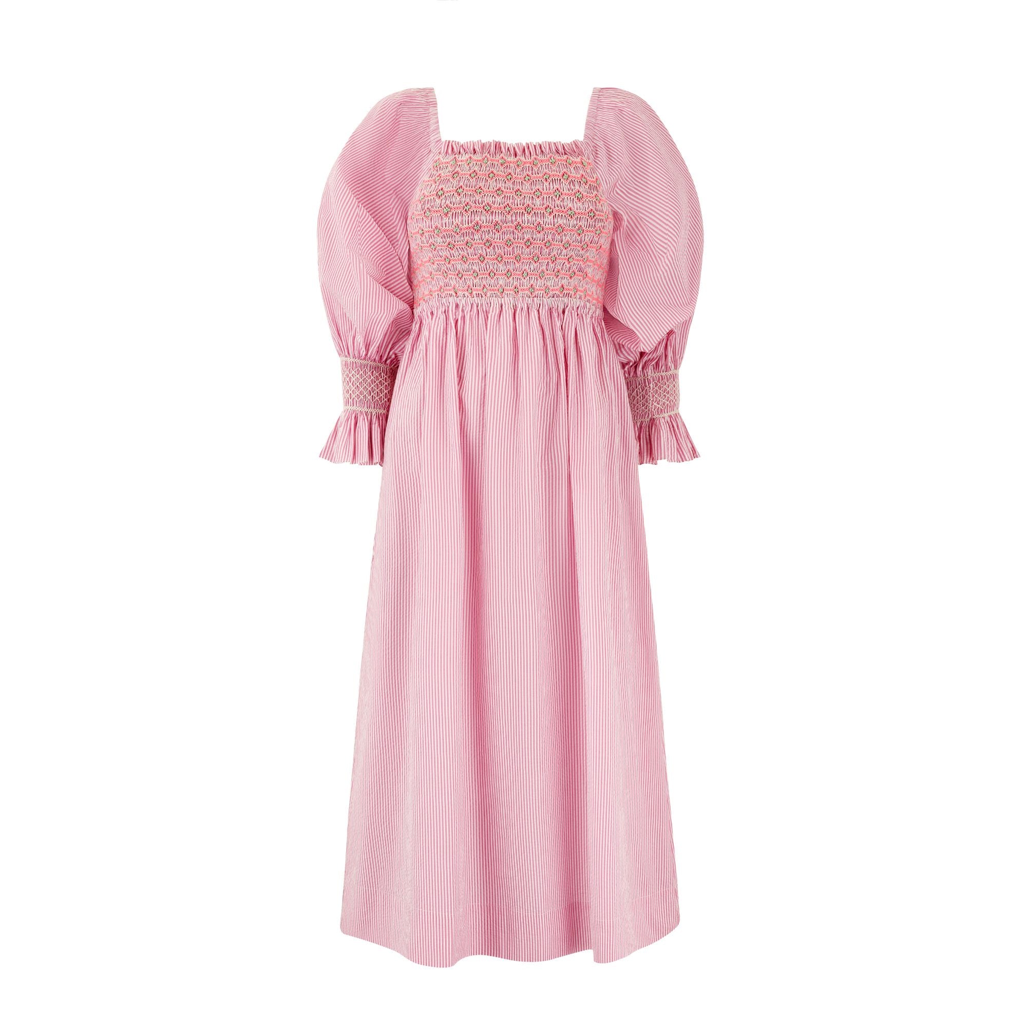 Small Josefine Butler Dress Raspberry Stripe Seersucker with Cool-Ade Hand Smocking