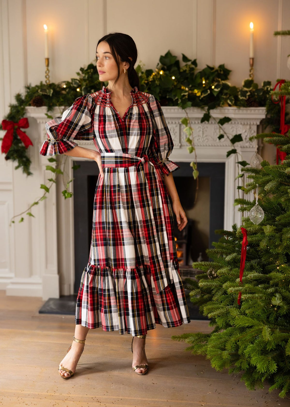 S/M Colette Dress Royal Tartan with Sleigh Bell Hand Smocking