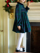 Margaret Thatcher Dress Black Watch Tartan with Golden Glimmer Hand Smocking