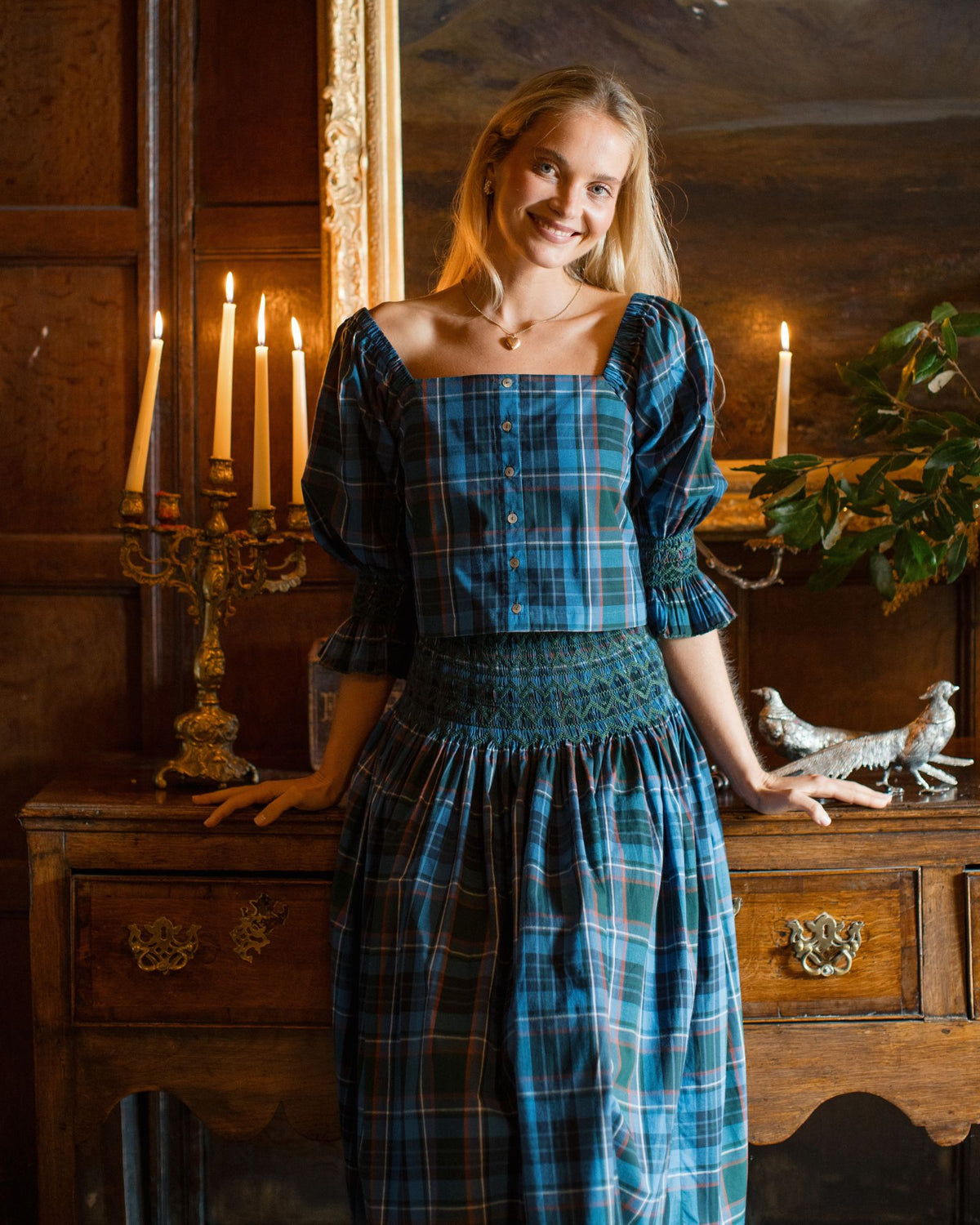 Maxi Sullivan Skirt St Andrews Tartan with Holly Leaf Hand Smocking