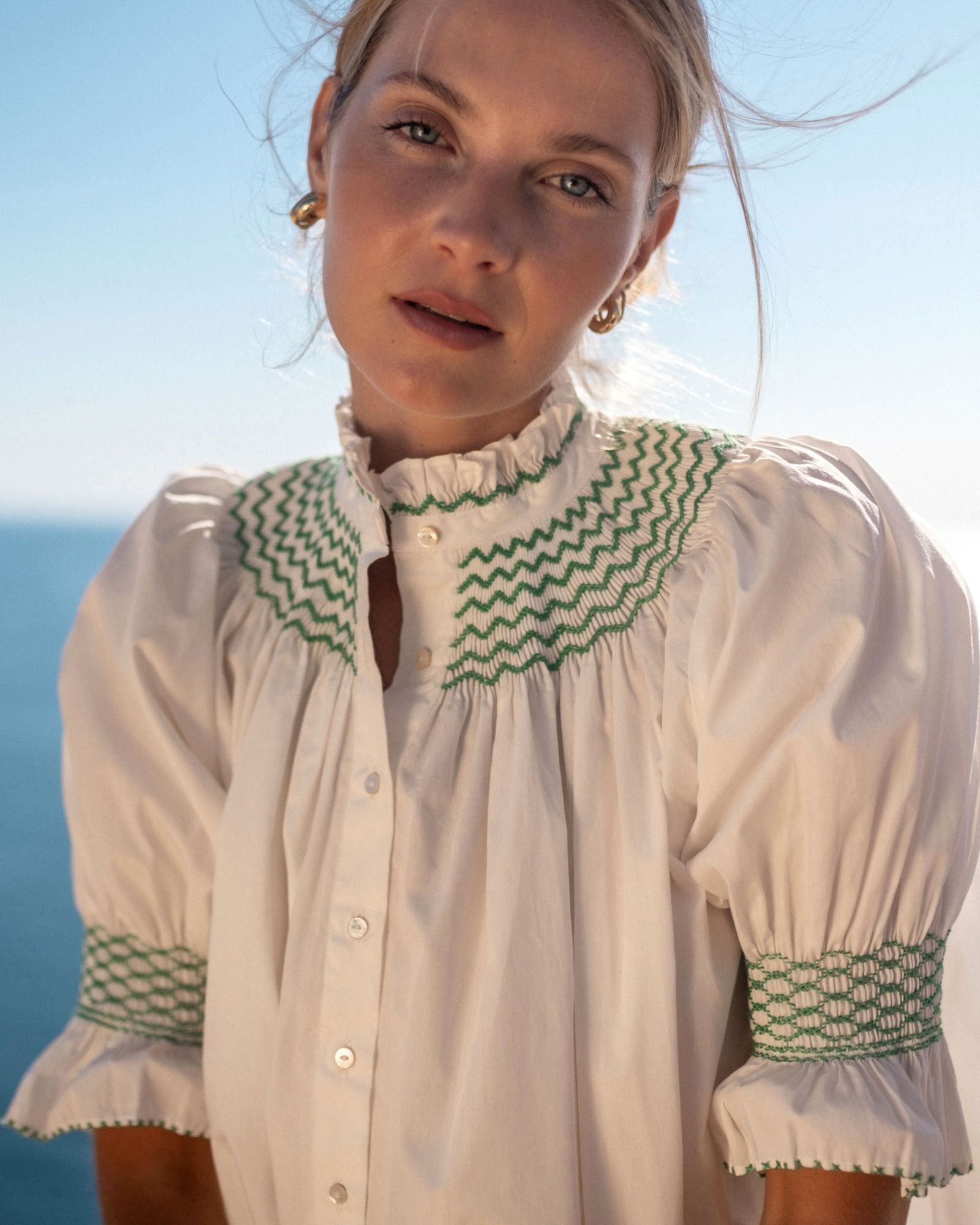 Scholl Women's Summer Blouse White with Green Apple Hand Smocking