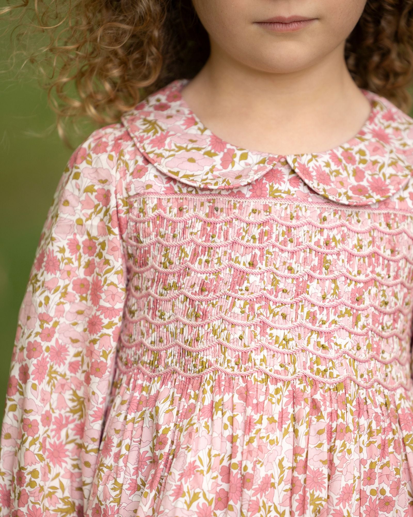 Antoinette Dress with Raspberry Crumble Hand Smocking made with Liberty Poppies & Daisies Fabric