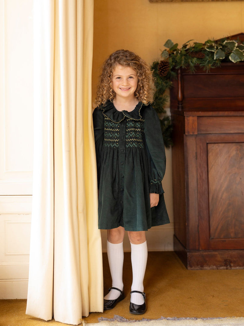 Elizabeth Blackwell Dress Pine Tree Needlecord with Nordic Sparkle Hand Smocking