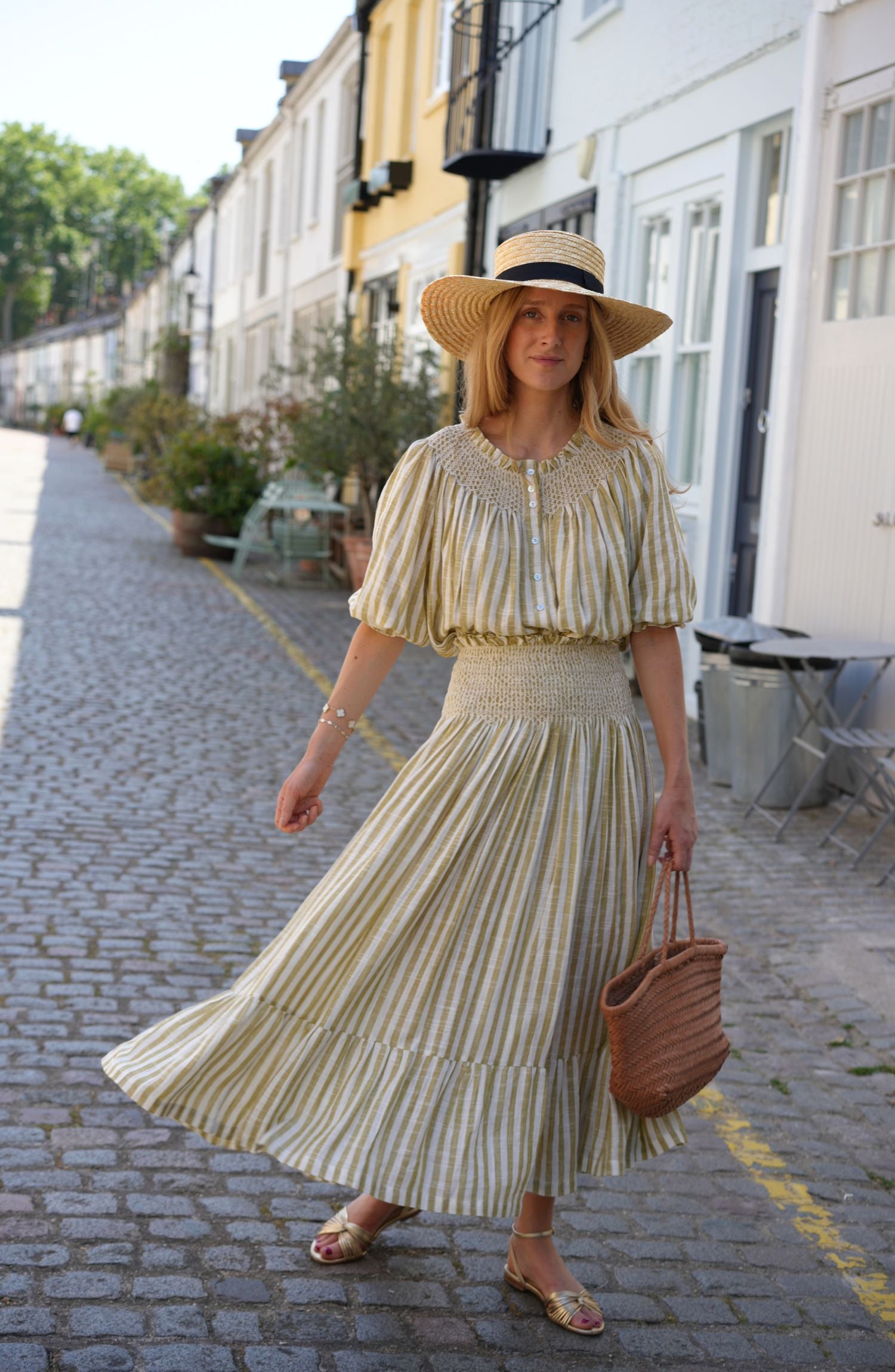 Domenica Marland x Smock London Sullivan Skirt Pistachio Stripes with Ecru Hand Smocking