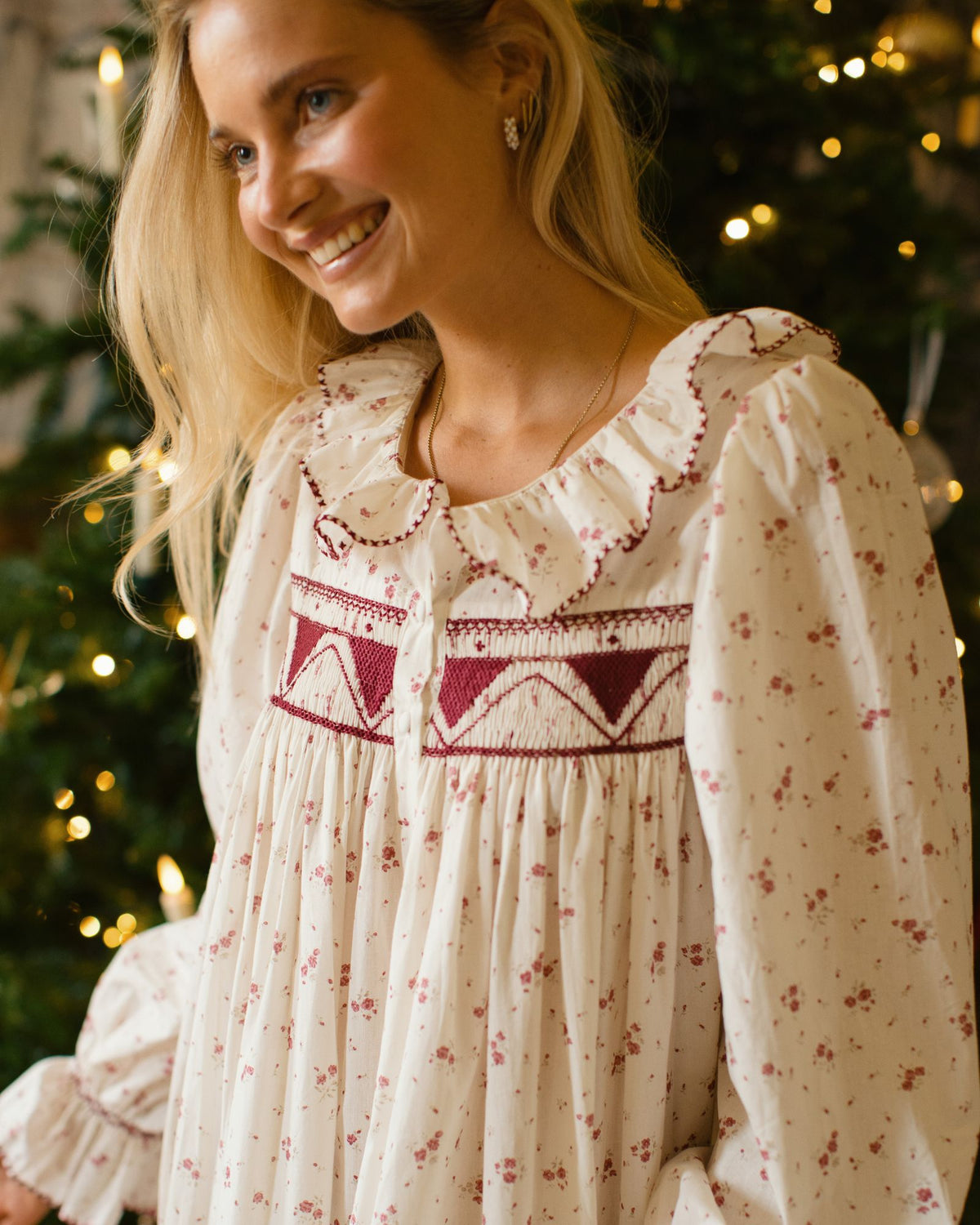 Nightingale Women's Dress Yuletide Floral with Cranberry smocking