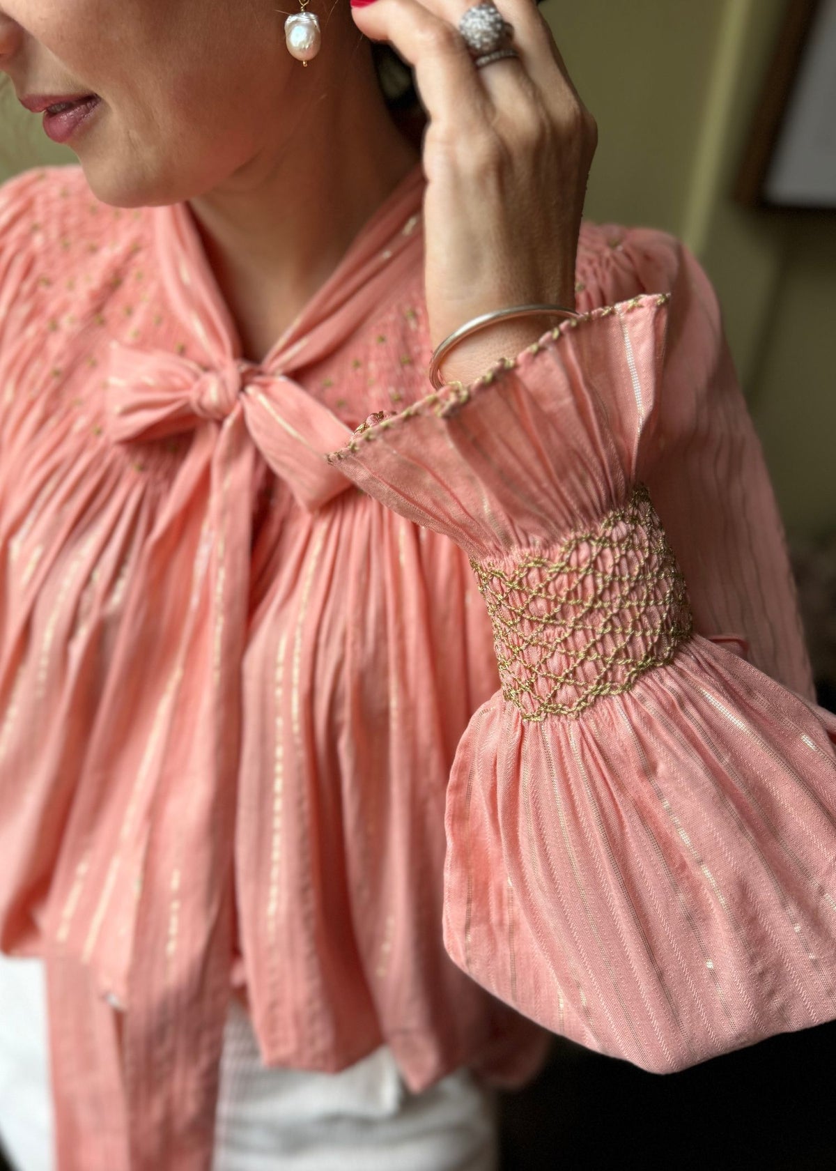 Large Burdett Coutts Pussy Bow Blouse Golden Girl Stripe with End of the Rainbow Hand Smocking Edition 1