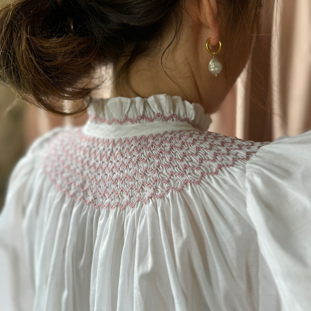 Small Scholl Women's Blouse White with Kir Royale Hand Smocking