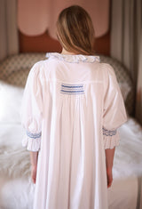 Bessie Coleman Women's Dress Moonstone Cotton with Sapphire Hand Smocking