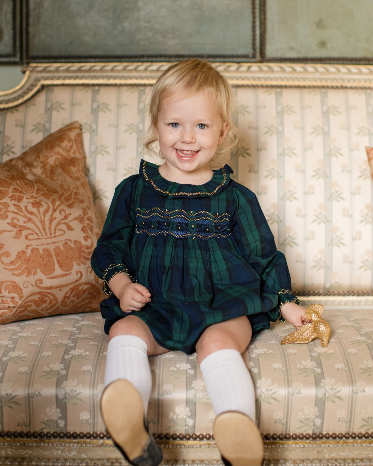 Jane Austen Romper Blackwatch Tartan with Midnight Star Hand Smocking