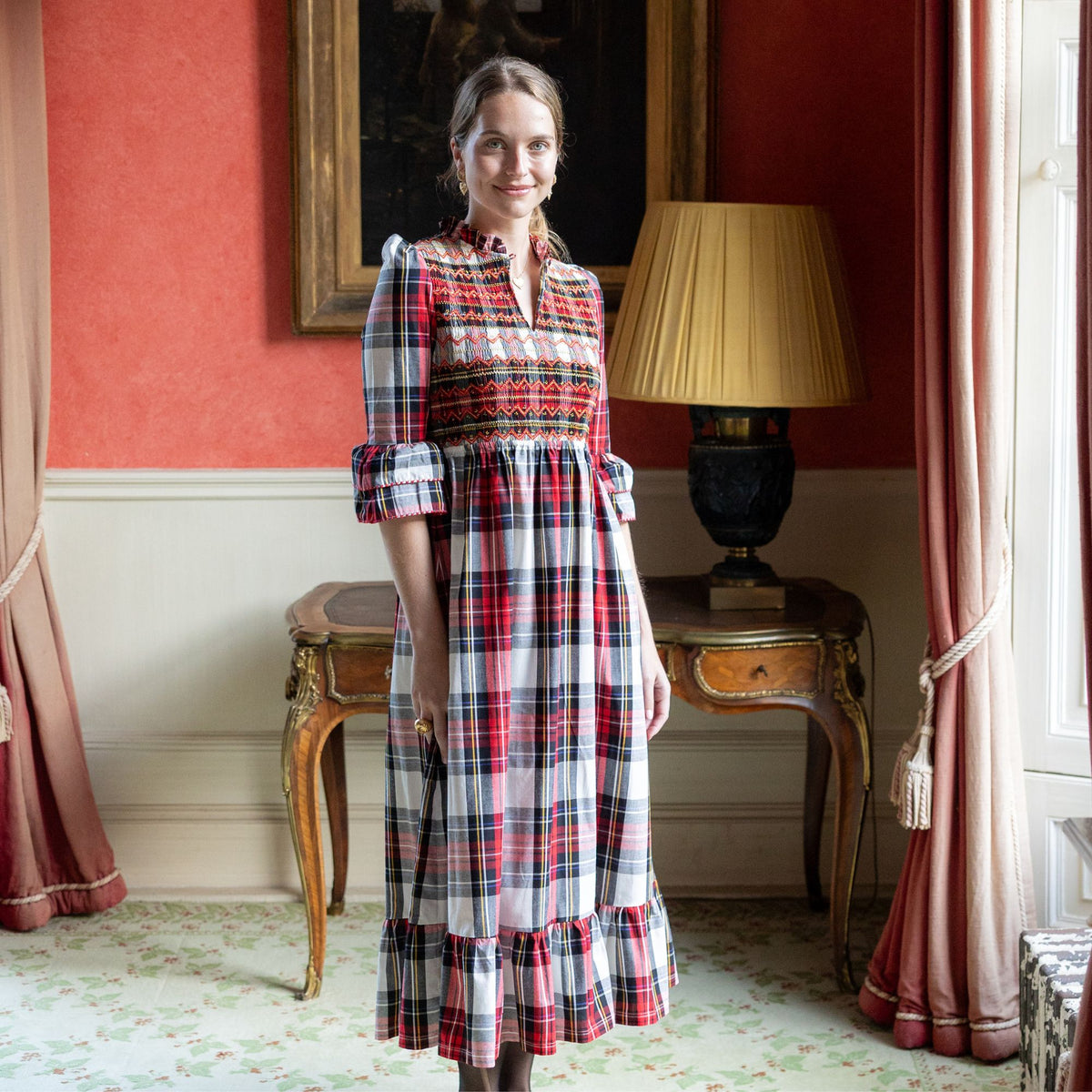 S/M Emmeline Pankhurst Women's Dress Royal Tartan with Sleigh Bell Hand Smocking