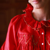 Betsy Fry Blouse Crimson Needlecord with Gold Coin Hand Smocking