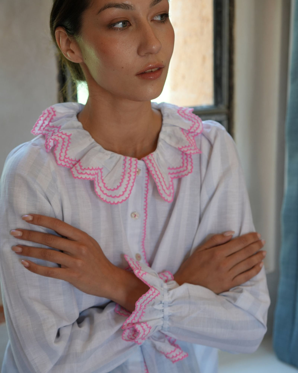 Bronte Blouse Blue Misty Stripe with Pink Fizz Embroidery
