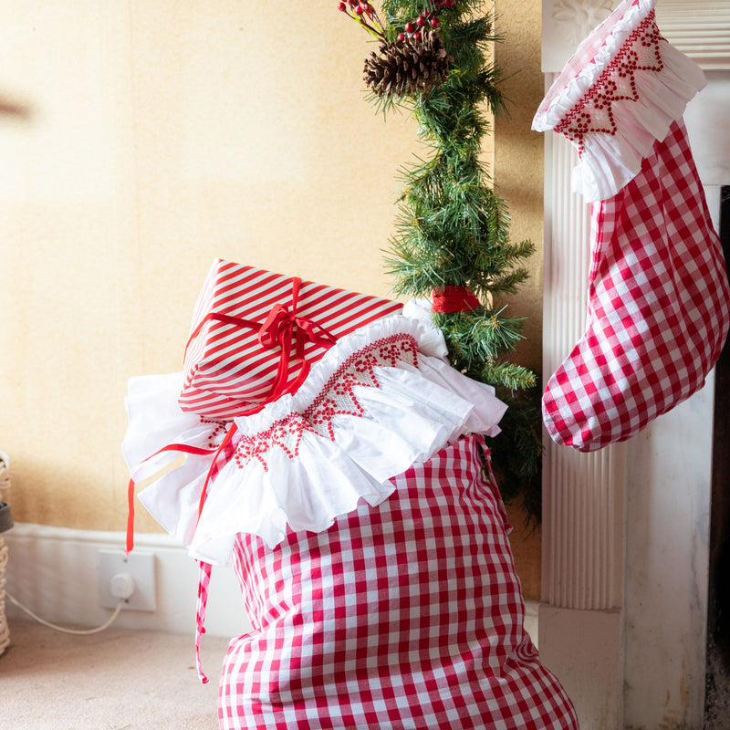 Edit58 x Smock London Red Gingham Sack with Crimson Ribbon Hand Smocking