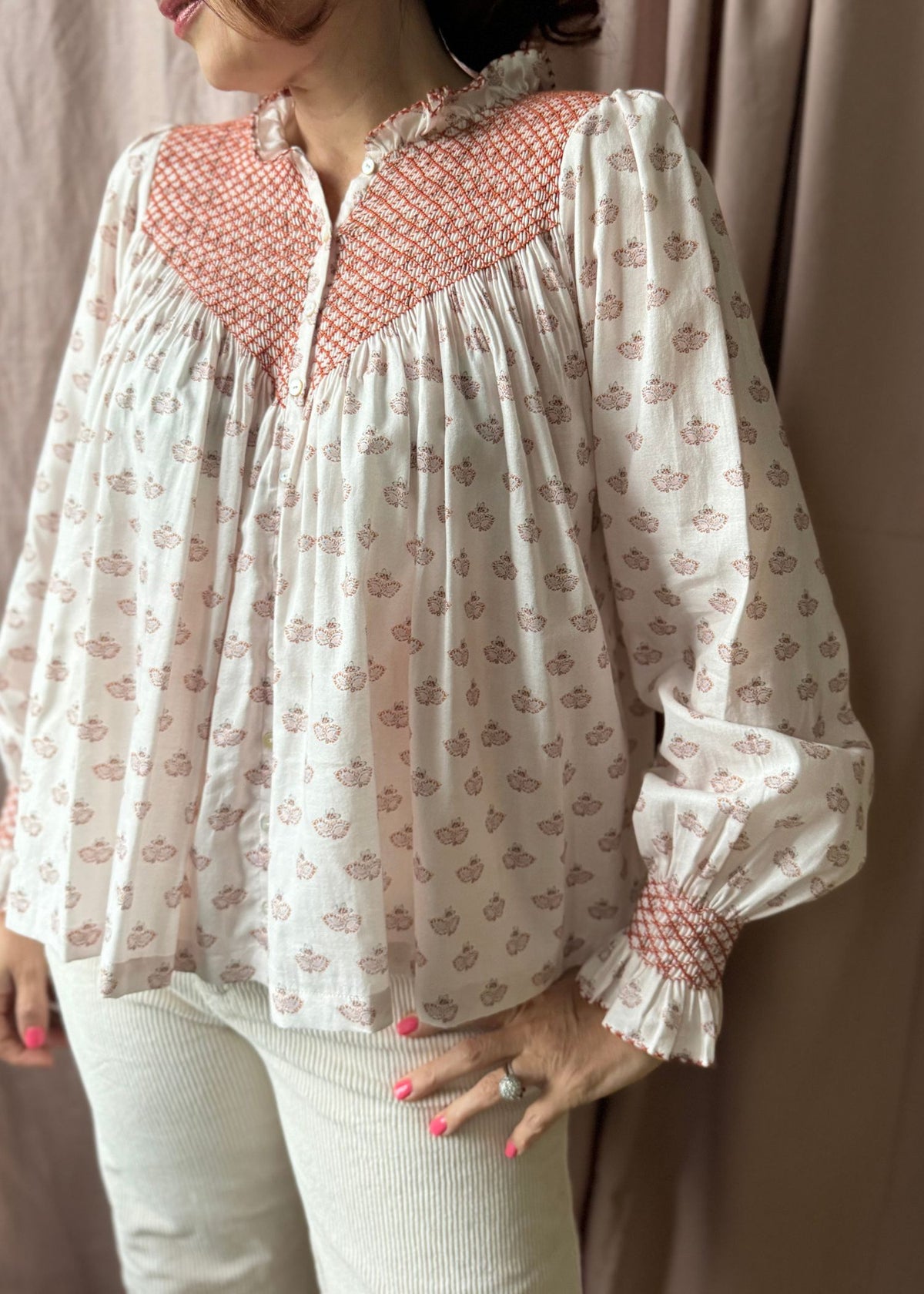 Large Rosa Parks Blouse Terracotta Paisley Brushed Cotton With Butterscotch Smocking Edition 6