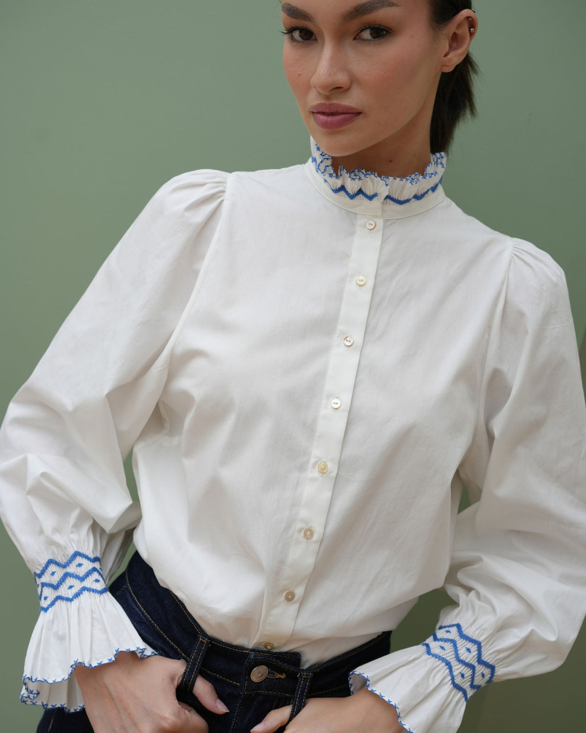 Shelley Blouse White Cotton with Sapphire Hand Smocking