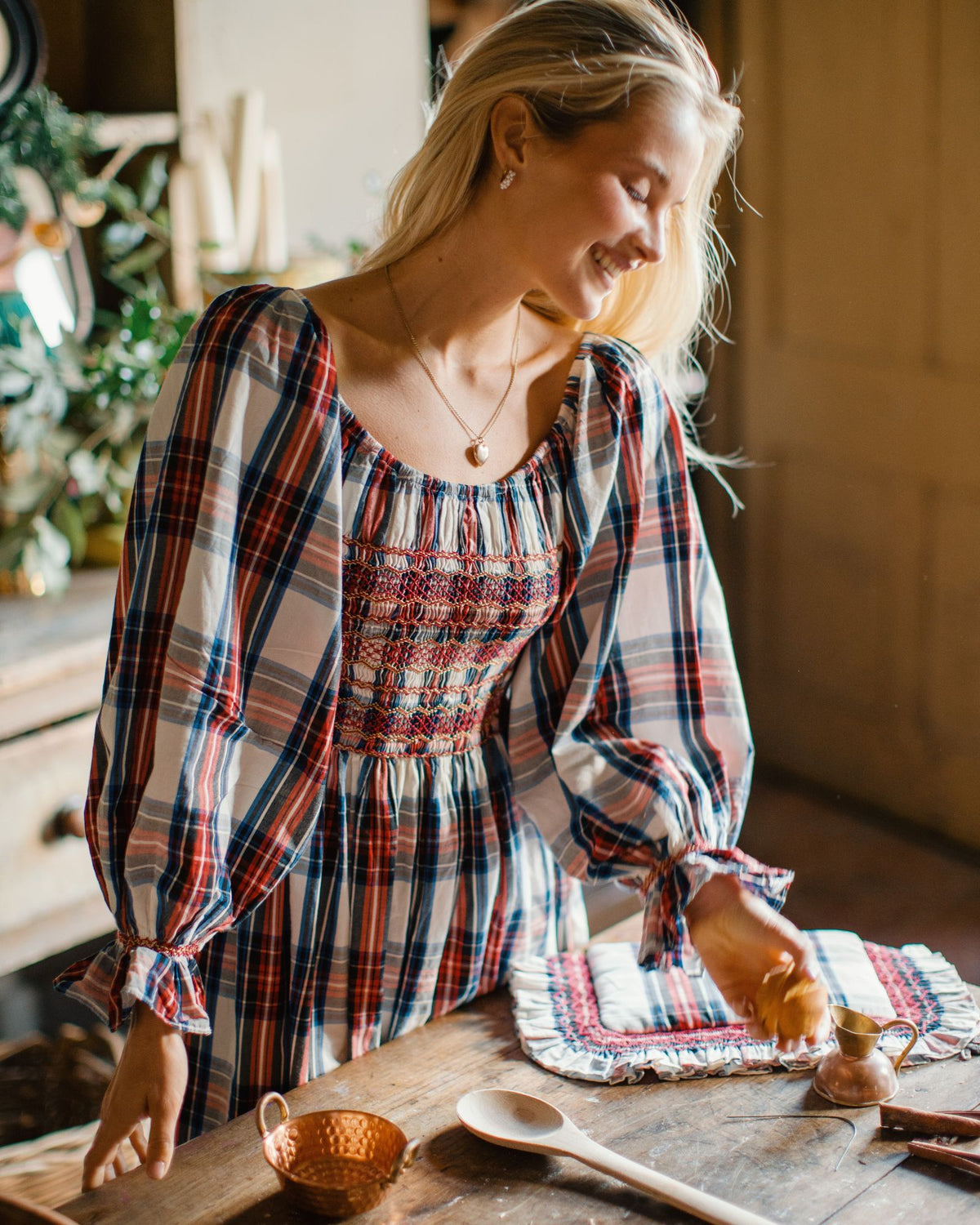 Amelia Earhart Dress Britannia Check with Winter Berry Hand Smocking