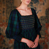 Ella Fitzgerald Women's Dress Black Watch Tartan with Royal Navy Hand Smocking