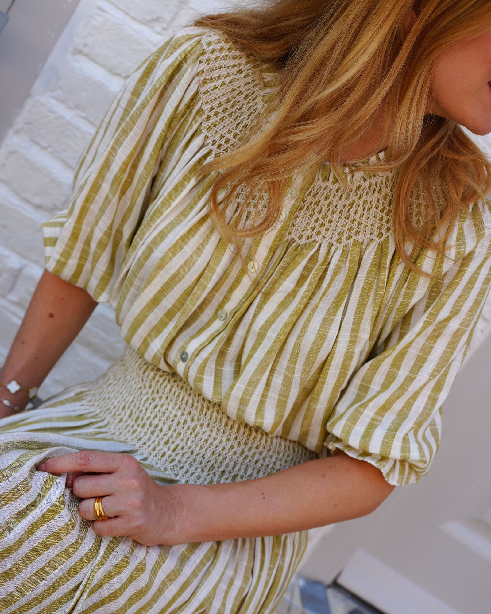 Domenica Marland x Smock London Cleopatra Blouse Pistachio Stripes with Ecru Hand Smocking