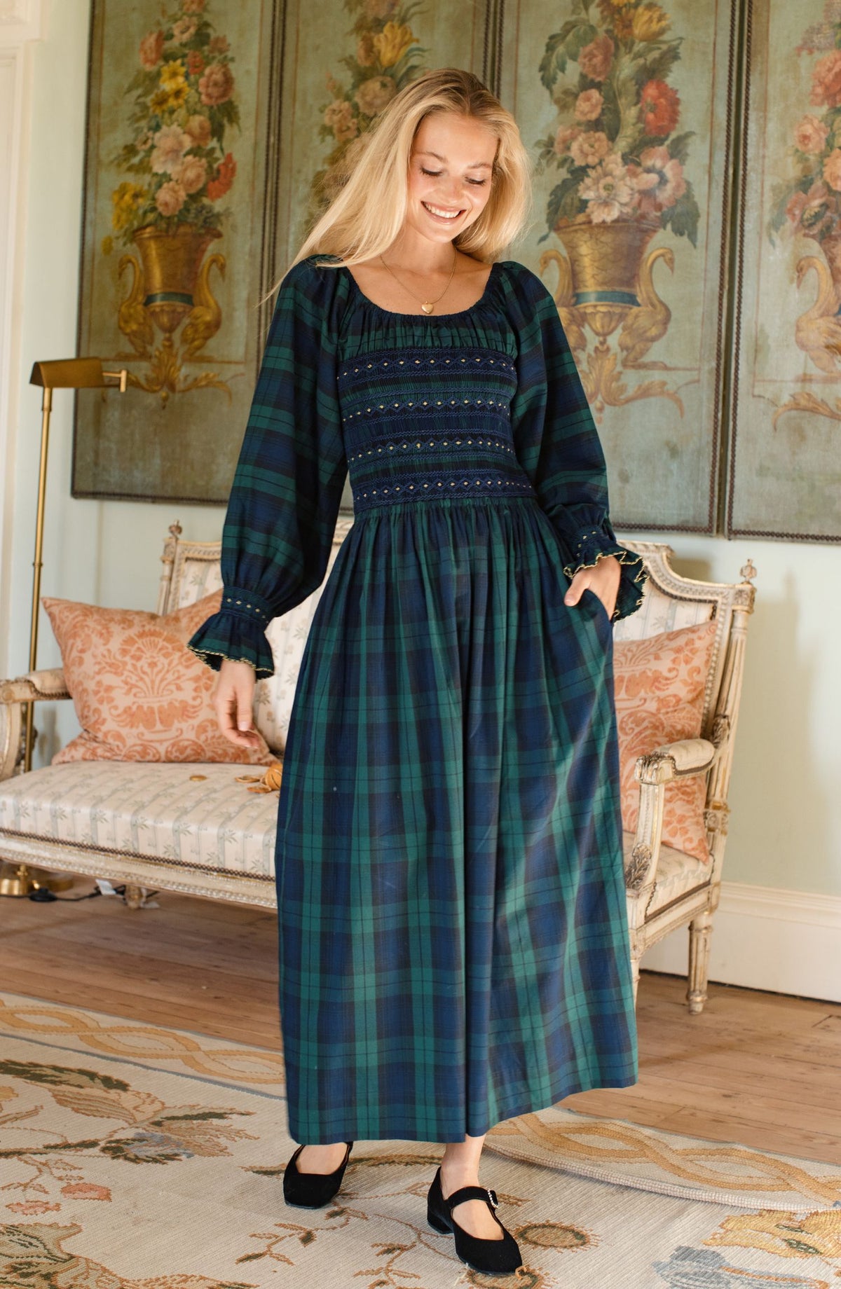 Earhart Dress Blackwatch Tartan with Midnight Star Hand Smocking