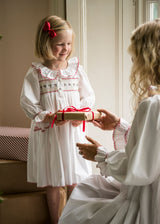 2-3y Samantha Varvel x Smock London Nightingale Girls Dress Moonstone White with Candy Cane Trim and Holly Hand Smocking