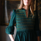 Emmeline Pankhurst Women's Dress Pine Tree Needlecord with Nordic Sparkle Hand Smocking