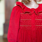 Elizabeth Blackwell Dress Crimson Needlecord with Gold Coin Hand Smocking