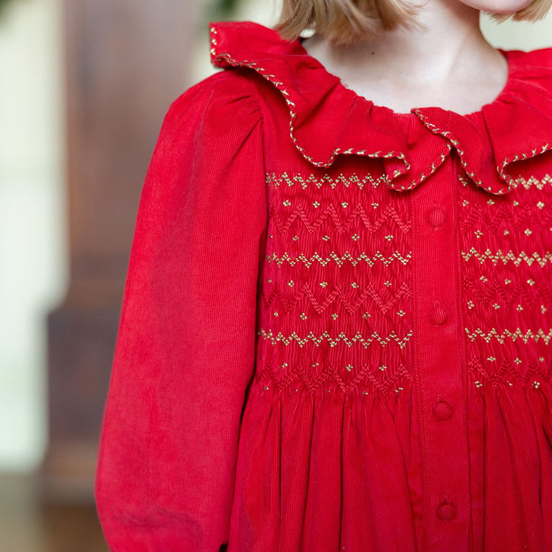 Elizabeth Blackwell Dress Crimson Needlecord with Gold Coin Hand Smocking