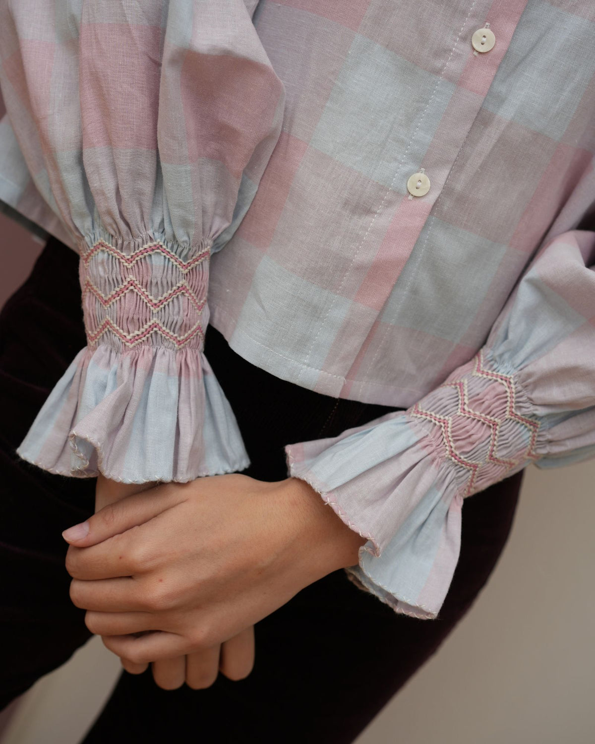 Shelley Blouse Sunset Gingham with Raspberry Ripple Hand Smocking Edition 24