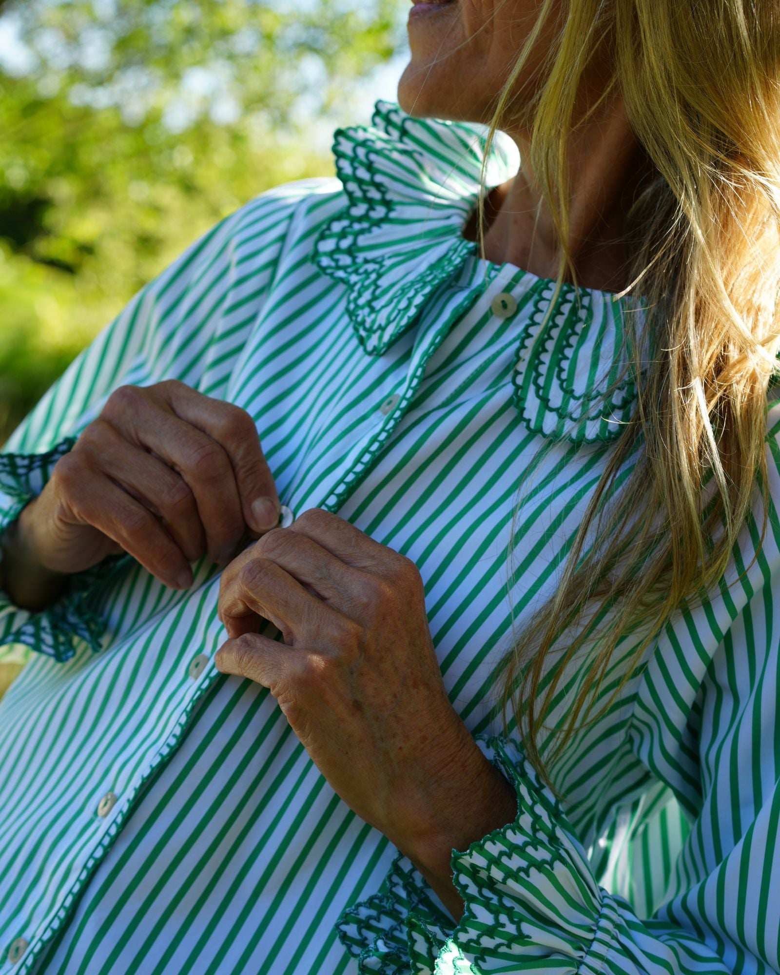 Bronte Blouse Mow the Lawn Stripe with Grass Embroidery
