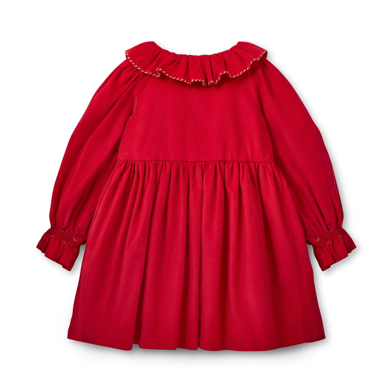 Elizabeth Blackwell Dress Crimson Needlecord with Gold Coin Hand Smocking