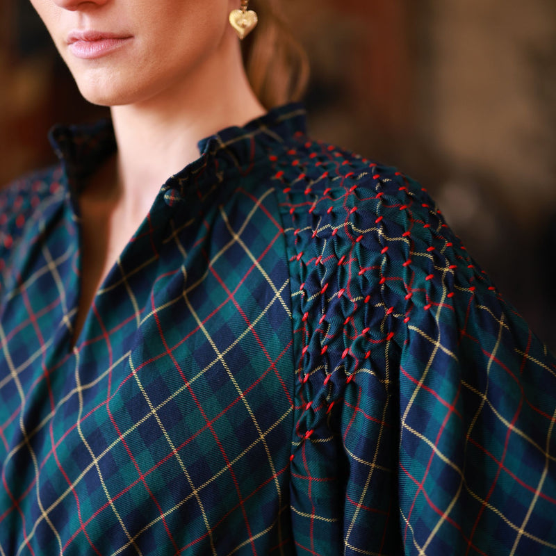 Aloha Wanderwell Dress McLaren Tartan with Cranberry Hand Smocking