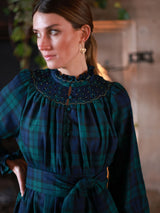 Colette Women's Dress Black Watch Tartan with Royal Blue Hand Smocking