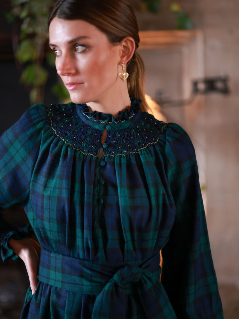 Colette Women's Dress Black Watch Tartan with Royal Blue Hand Smocking