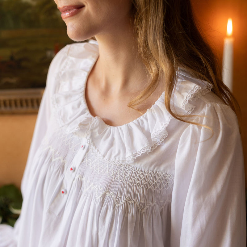 Nightingale Women's Dress Moonstone Cotton with Lattice Smocking and Embroidered Heart Buttons