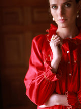 Betsy Fry Blouse Crimson Needlecord with Gold Coin Hand Smocking