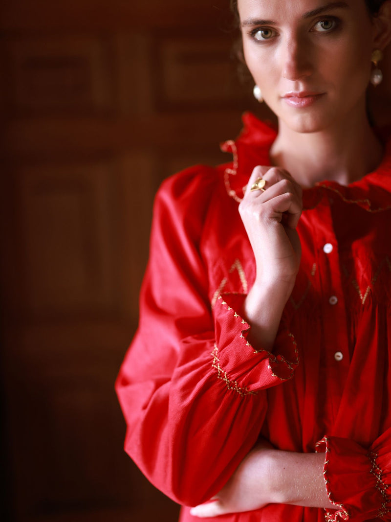 Betsy Fry Blouse Crimson Needlecord with Gold Coin Hand Smocking