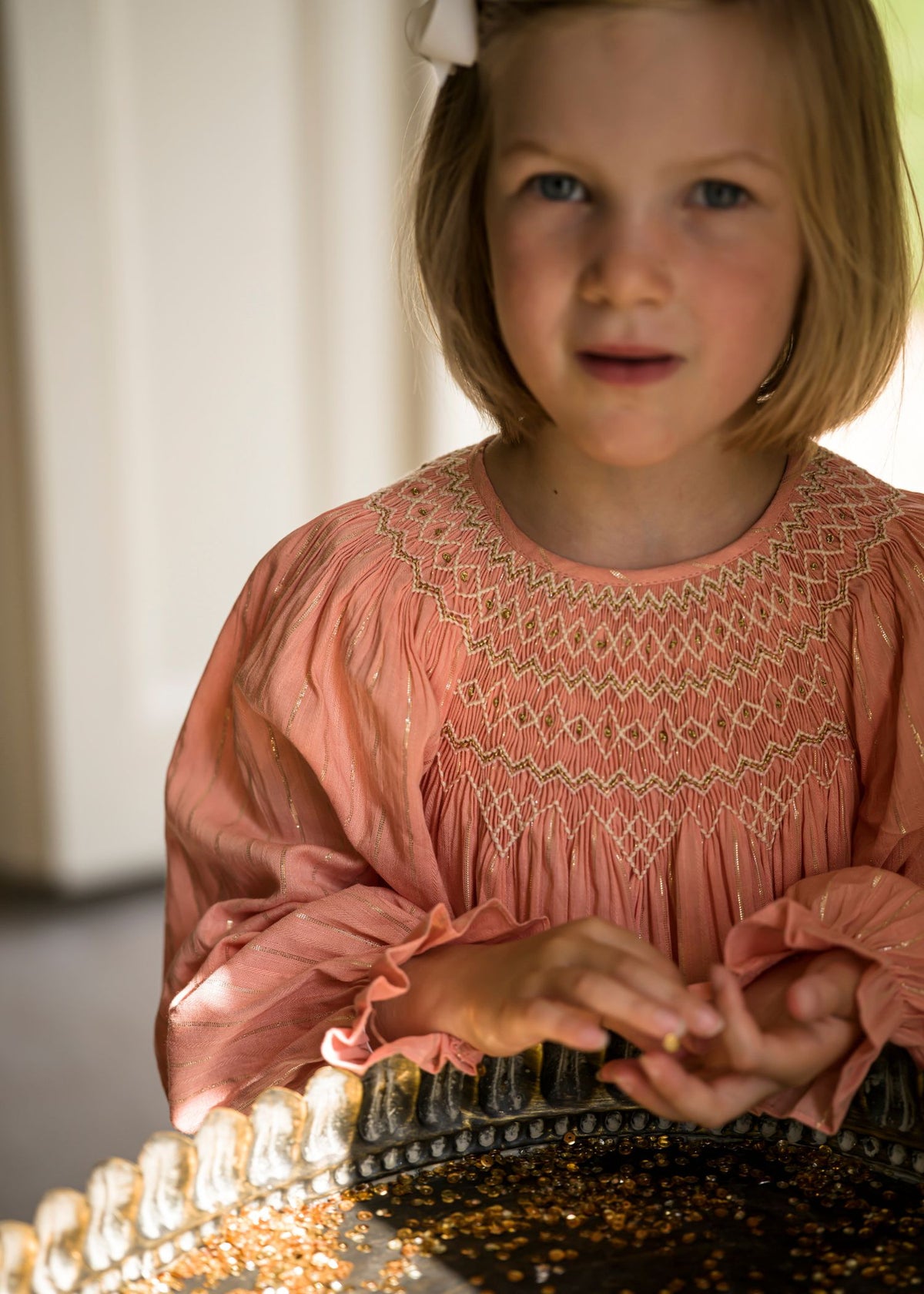4-6y Hannah Szenez Dress Golden Girl Stripe with Opalescent Hand Smocking