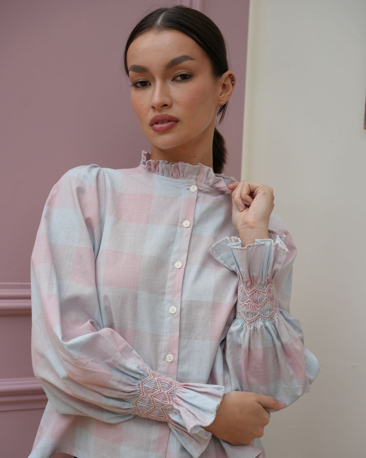 Shelley Blouse Sunset Gingham with Raspberry Ripple Hand Smocking Edition 24