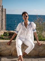 Scholl Women's Summer Blouse White with Sapphire Hand Smocking