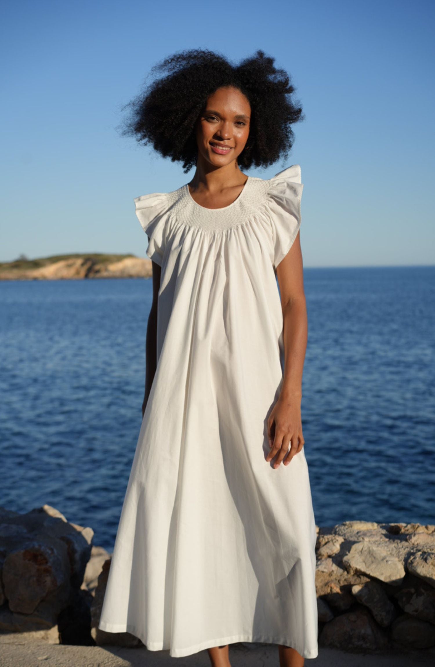 Queen Elizabeth 1st Women's Dress Moonstone Cotton with Ivory Lattice Hand Smocking