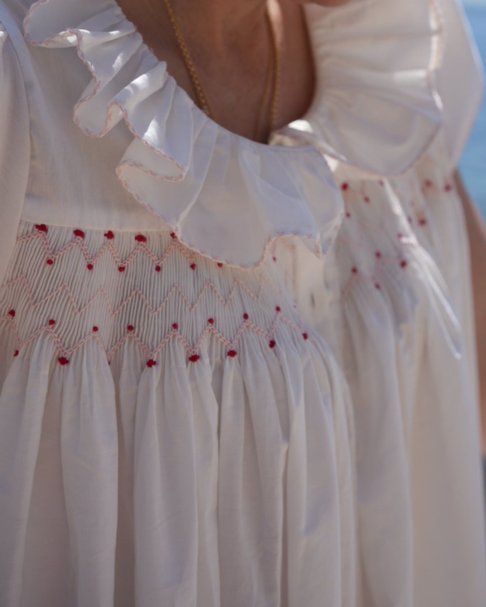 Nightingale Women's Short Sleeve Dress with Spotted Zig Zag Hand Smocking
