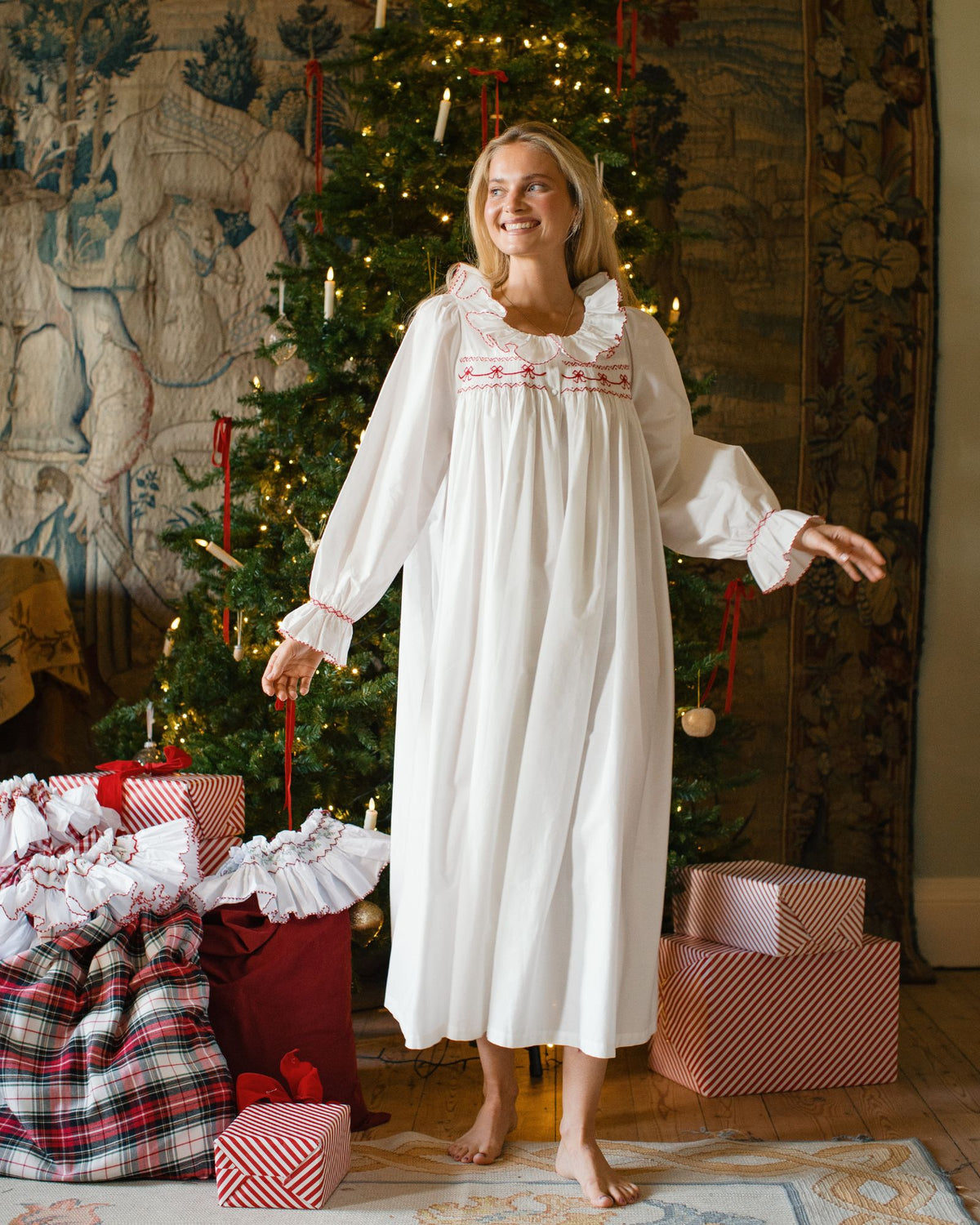 Nightingale Women's Dress Moonstone with Scarlet Bows Hand Smocking