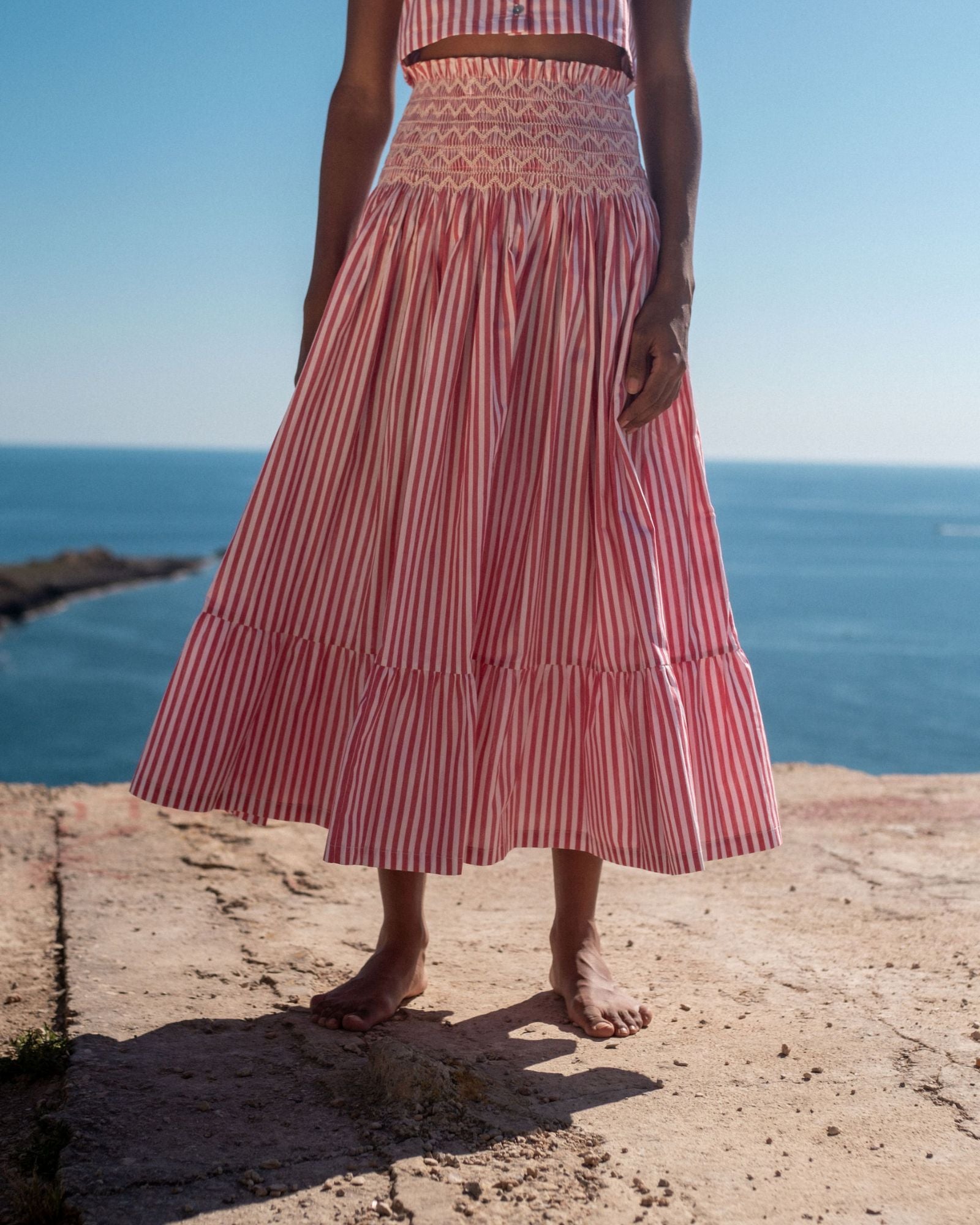 Sullivan Skirt Tomato Stripe with Chalk Hand Smocking