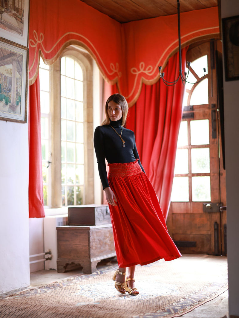 Sullivan Women's Skirt Crimson Needlecord with Gold Coin Hand Smocking