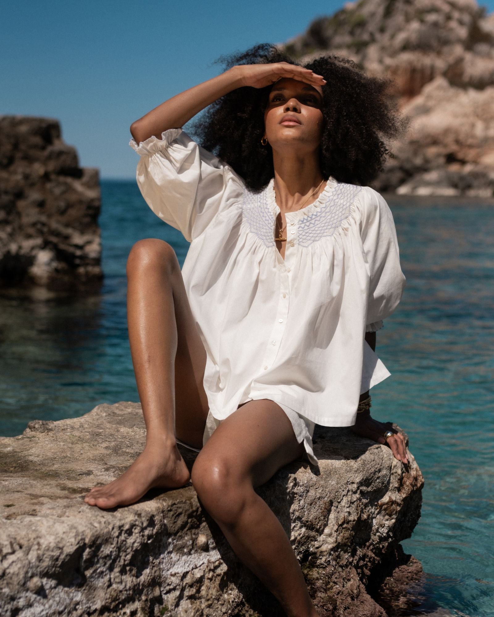 Cleopatra Blouse White with Cornflower Hand Smocking